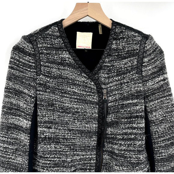 Rebecca Taylor Tweed Asymmetric Faux Leather Trim Jacket Grey Boucle Size 2 Moto - Picture 6 of 16